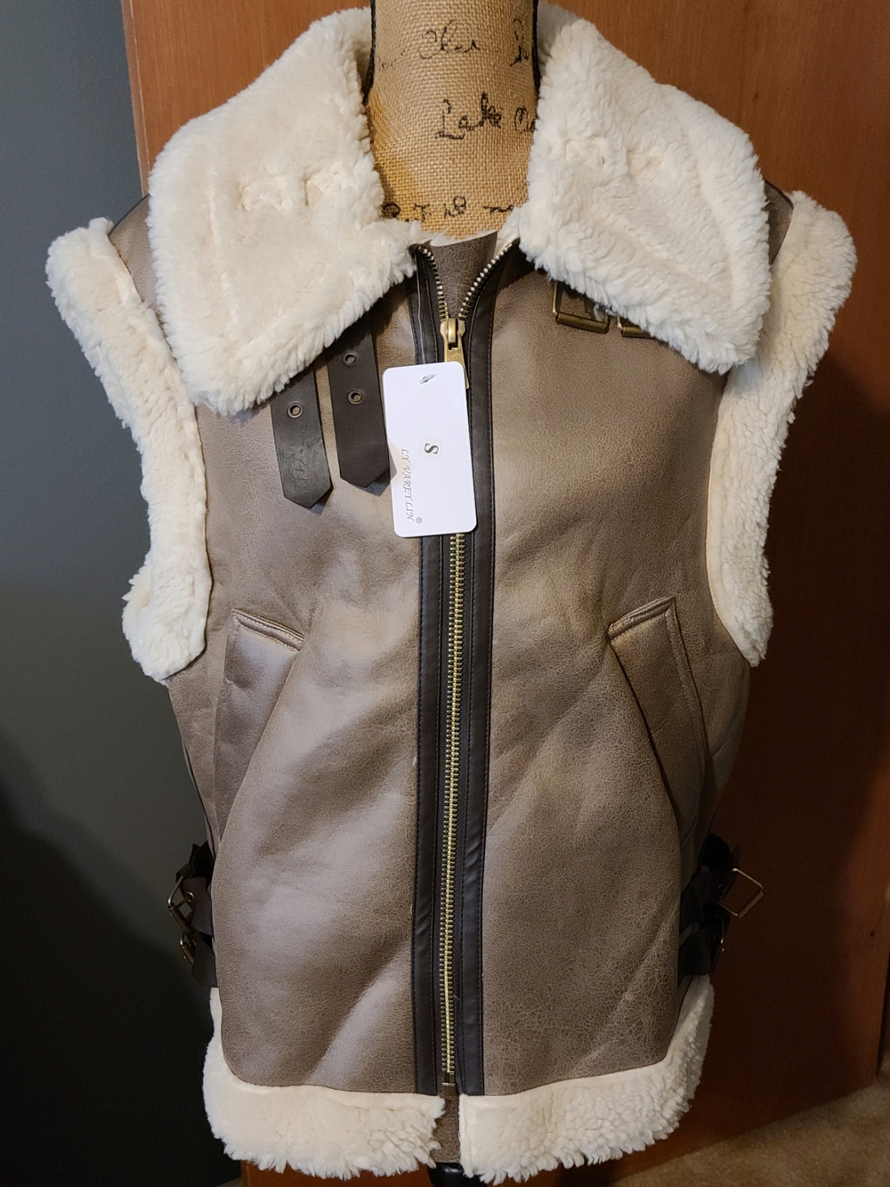 Faux-Suede Shearling Trim Vest in Taupe